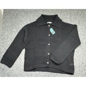 Maurices Open Stitch Collar Long Sleeve Cardigan Womens OX Black Buttons Crochet